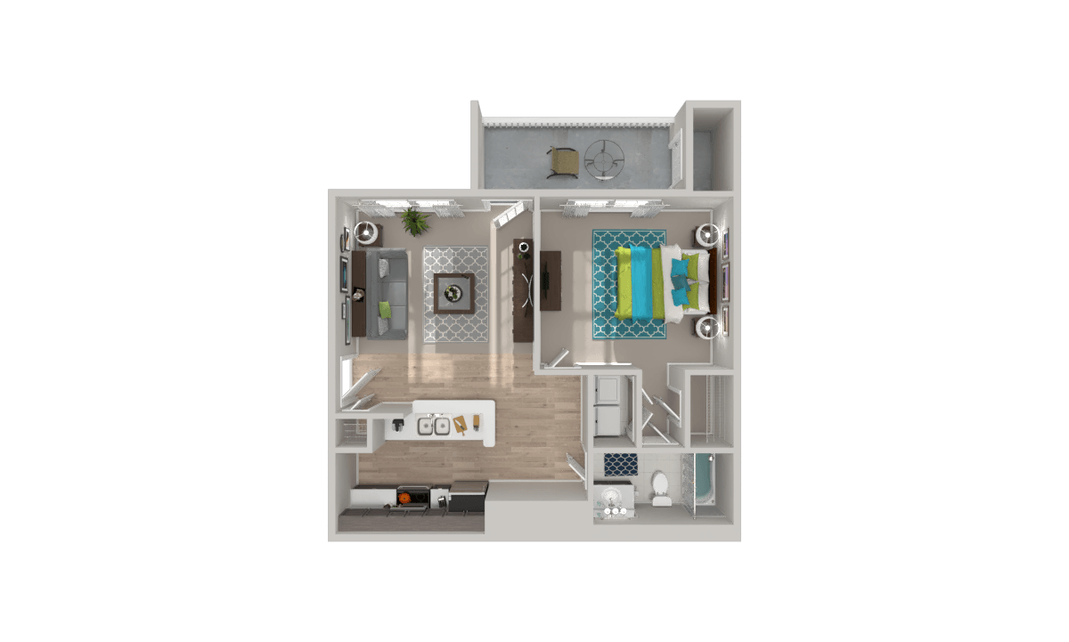 Floor plan for 1 bed, 1 bath, 673 sqft